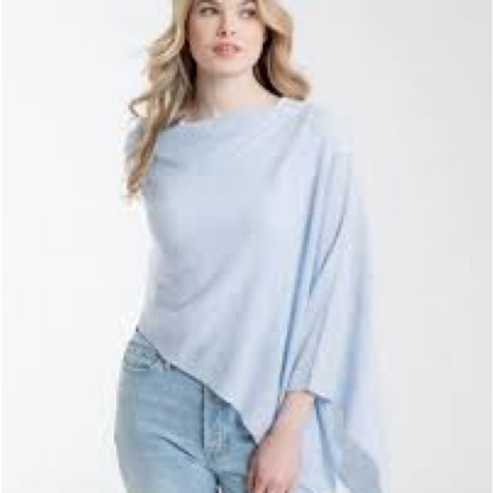 Alashan Light Blue Cotton Cashmere Blend Asymmetrical Poncho Wrap O/S